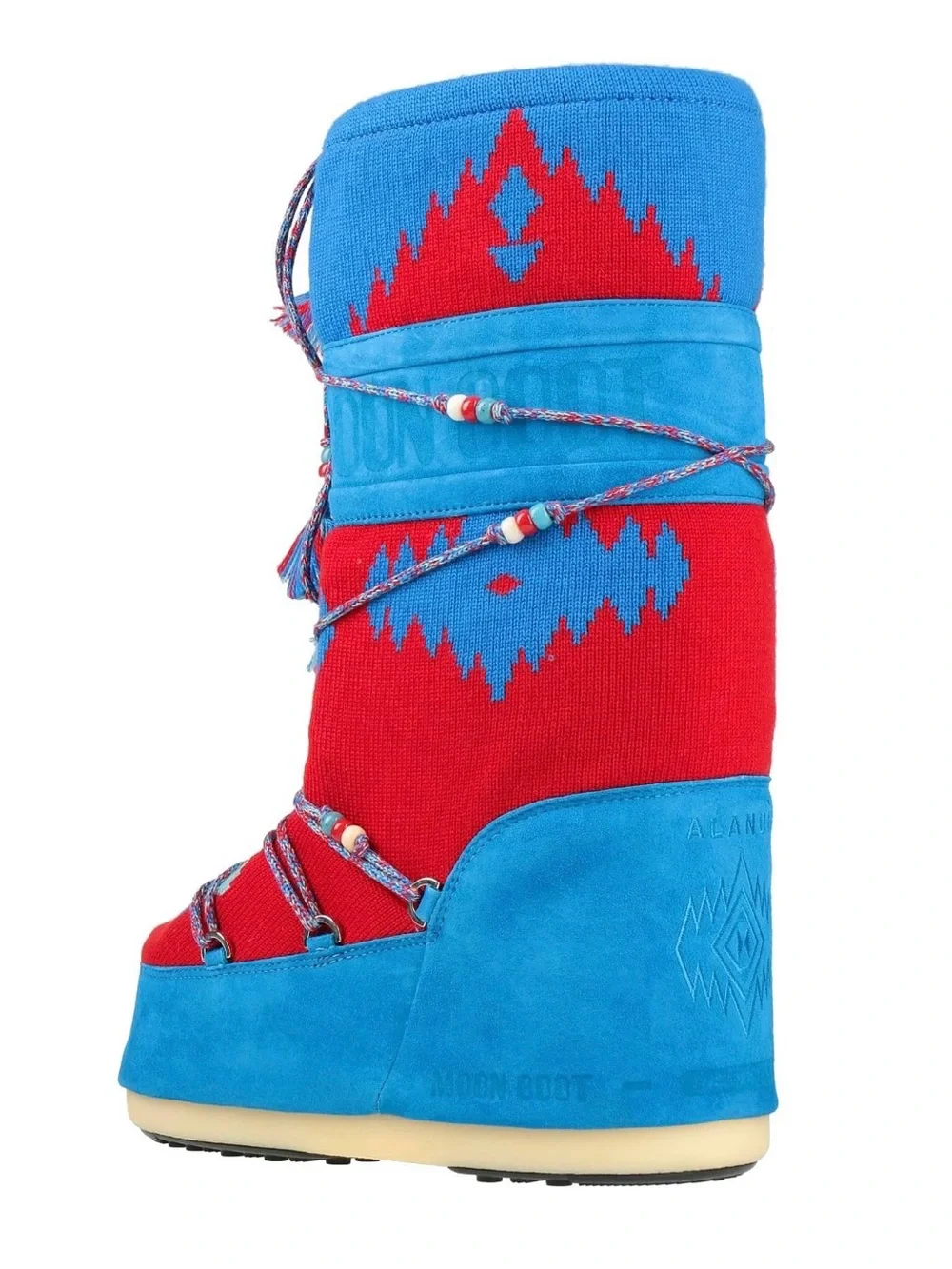Alanui x Moon Boot Blue & Red Aztec Knit Lace-Up Winter Boot